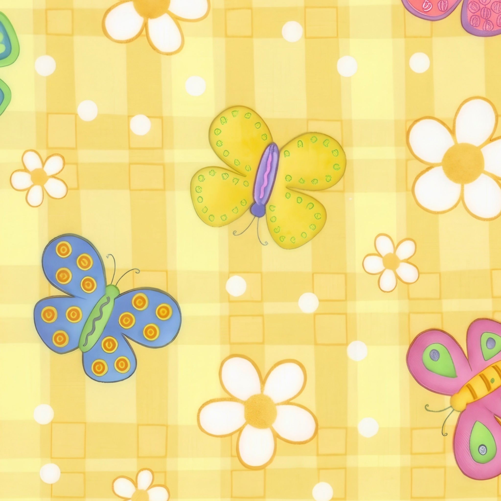 Novelty multicolour butterflies and white daisies on yellow gingham quilting cotton for children's quilts girls and kids patchwork
