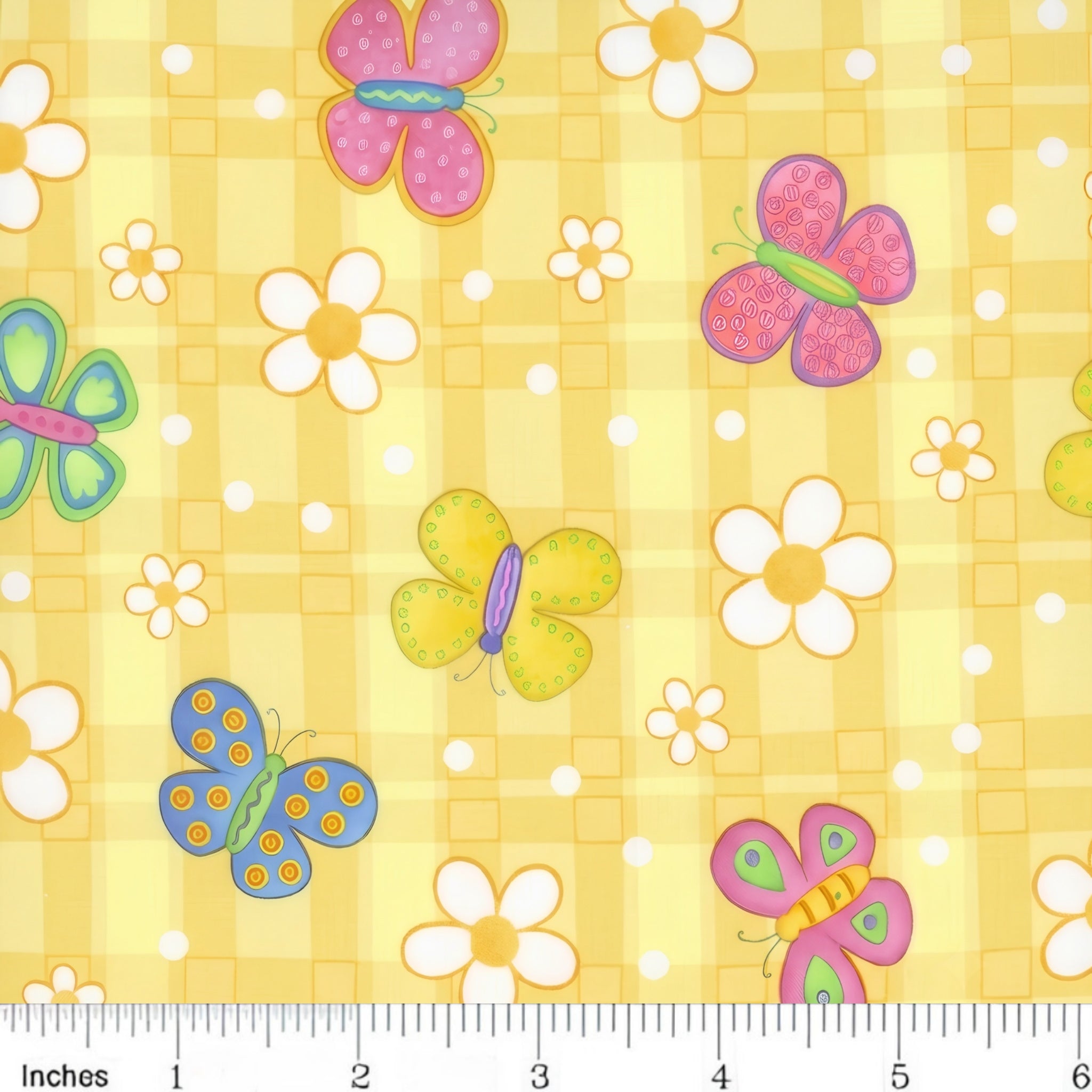Novelty multicolour butterflies and white daisies on yellow gingham quilting cotton for children's quilts girls and kids patchwork