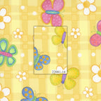 Novelty multicolour butterflies and white daisies on yellow gingham quilting cotton for children's quilts girls and kids patchwork