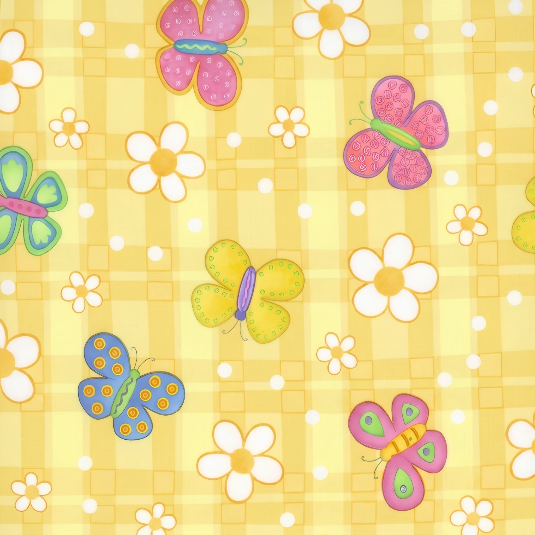 Novelty multicolour butterflies and white daisies on yellow gingham quilting cotton for children's quilts girls and kids patchwork