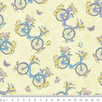 Novelty vintage bicycles flower baskets butterflies lemon blue purple pastel fabric for spring quilts children's projects and patchwork sewing