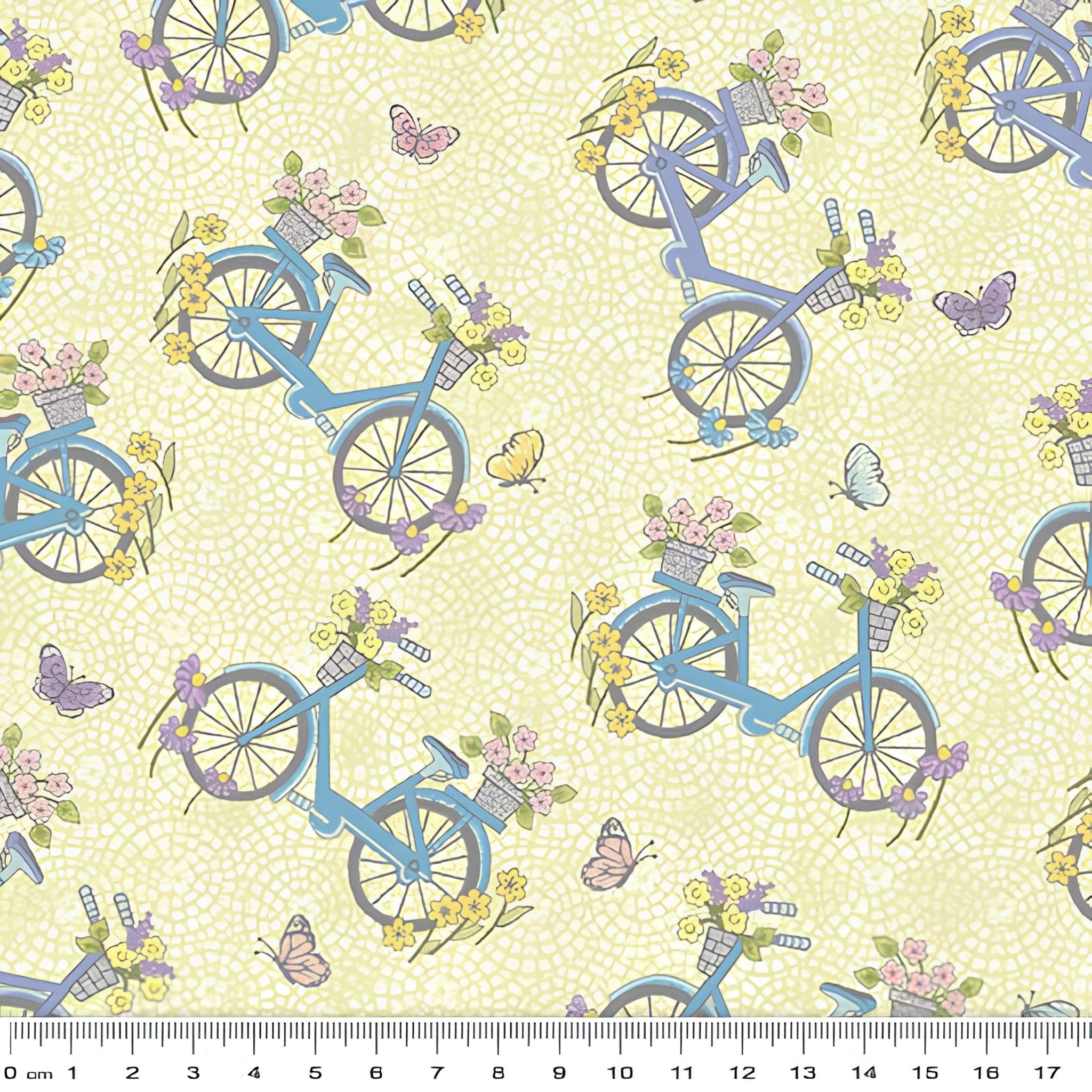 Novelty vintage bicycles flower baskets butterflies lemon blue purple pastel fabric for spring quilts children's projects and patchwork sewing