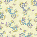 Novelty vintage bicycles flower baskets butterflies lemon blue purple pastel fabric for spring quilts children's projects and patchwork sewing