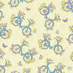 Novelty vintage bicycles flower baskets butterflies lemon blue purple pastel fabric for spring quilts children's projects and patchwork sewing