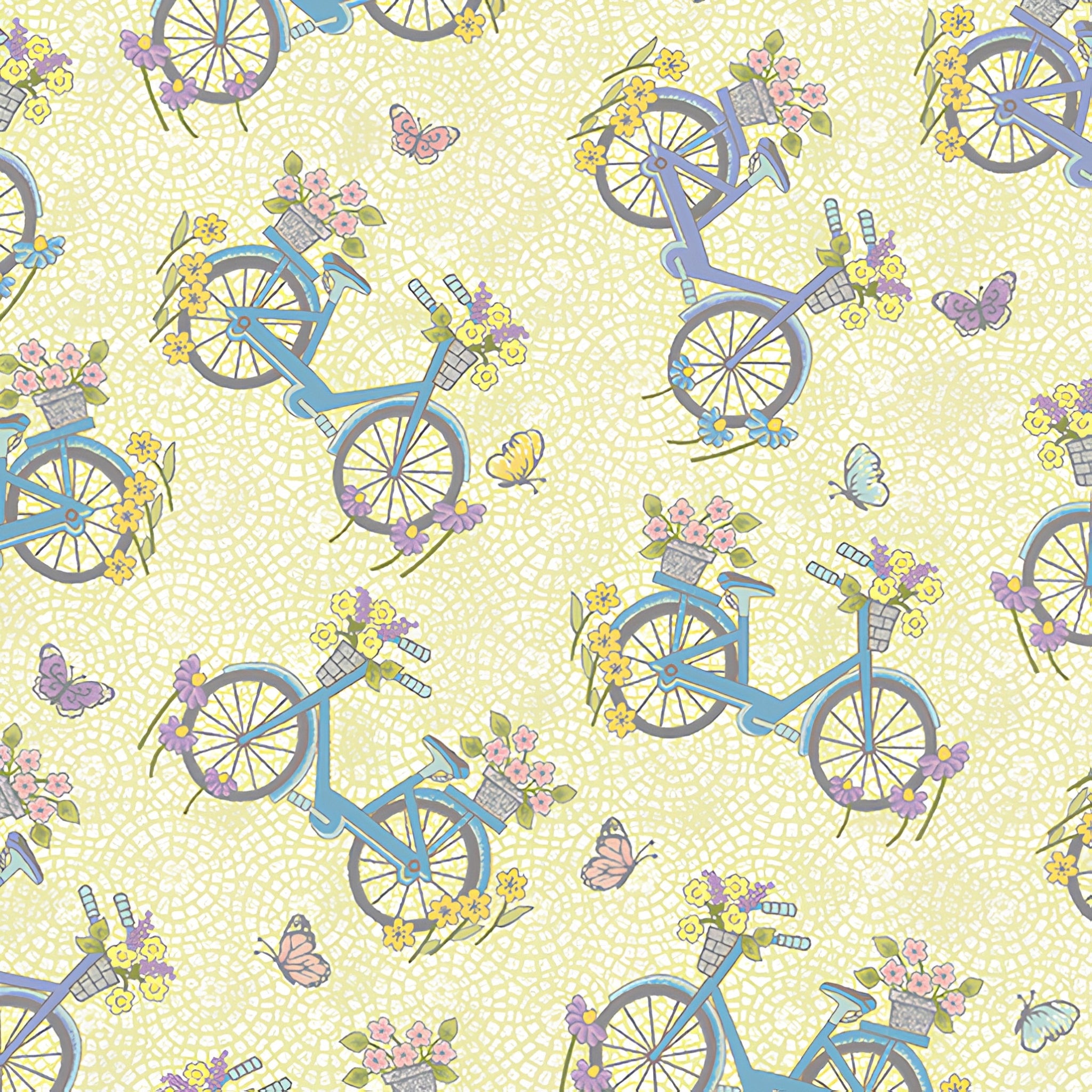 Novelty vintage bicycles flower baskets butterflies lemon blue purple pastel fabric for spring quilts children's projects and patchwork sewing