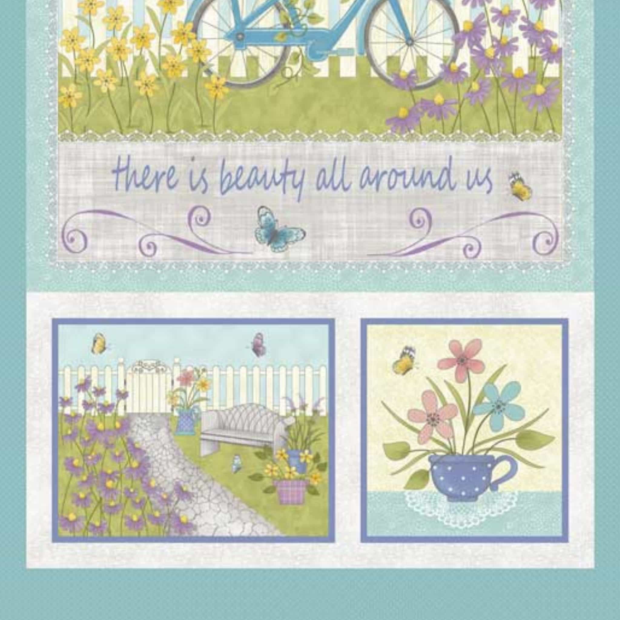 Butterfly Garden panel with bicycle, flowers, garden scenes and There is beauty all around us quote on aqua quilting cotton patchwork fabric for sewing projects