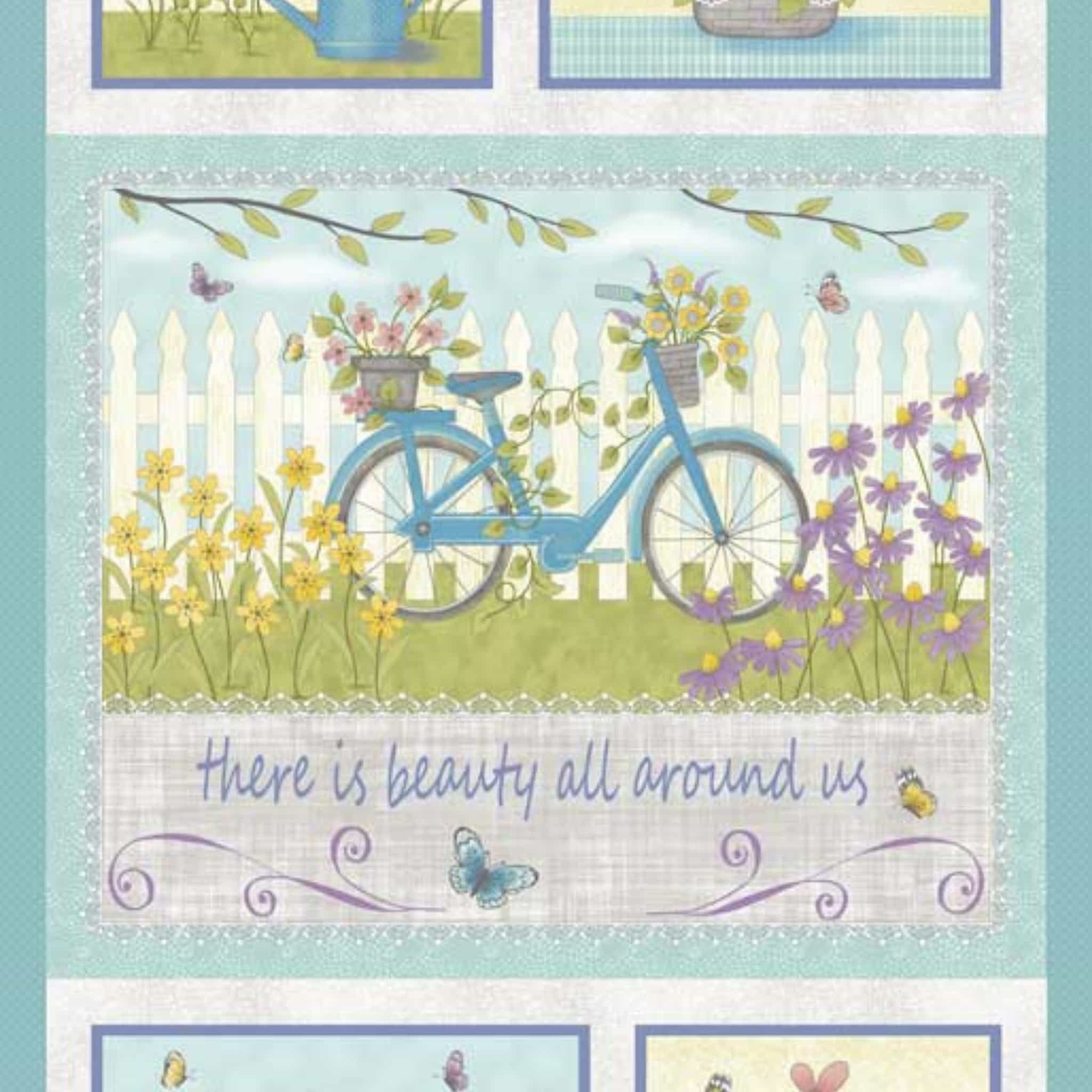 Butterfly Garden panel with bicycle, flowers, garden scenes and There is beauty all around us quote on aqua quilting cotton patchwork fabric for sewing projects