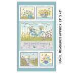 Butterfly Garden panel with bicycle, flowers, garden scenes and There is beauty all around us quote on aqua quilting cotton patchwork fabric for sewing projects