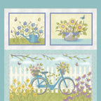 Butterfly Garden panel with bicycle, flowers, garden scenes and There is beauty all around us quote on aqua quilting cotton patchwork fabric for sewing projects