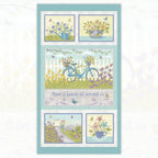 Butterfly Garden panel with bicycle, flowers, garden scenes and There is beauty all around us quote on aqua quilting cotton patchwork fabric for sewing projects