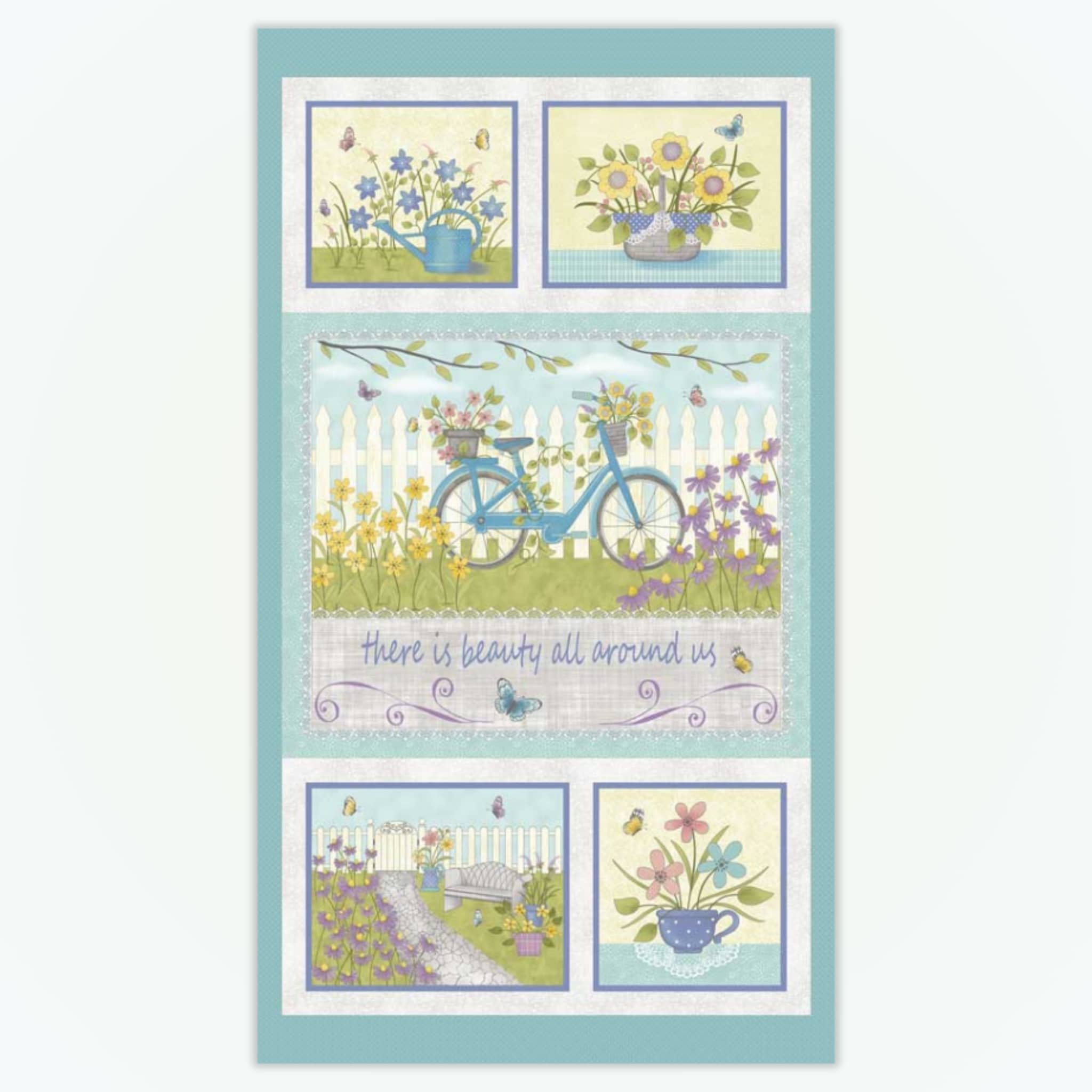 Butterfly Garden panel with bicycle, flowers, garden scenes and There is beauty all around us quote on aqua quilting cotton patchwork fabric for sewing projects