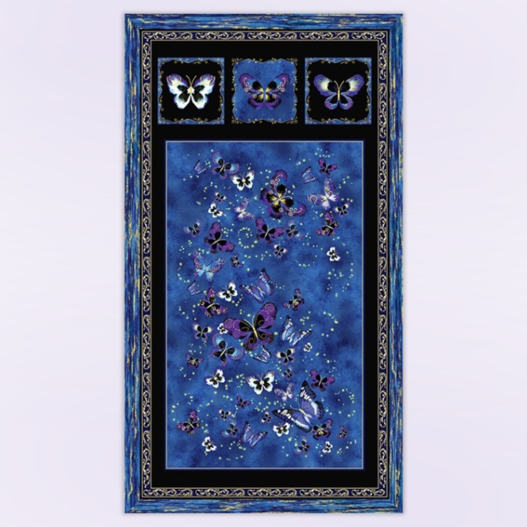 Butterfly panel royal blue purple gold quilting patchwork fabric