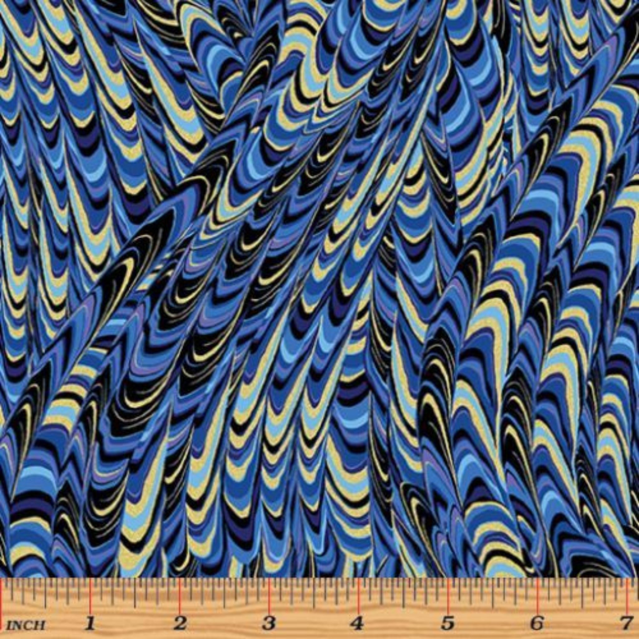 Marbled waves in blue and black with gold metallic accents fabric for modern quilts and patchwork sewing projects