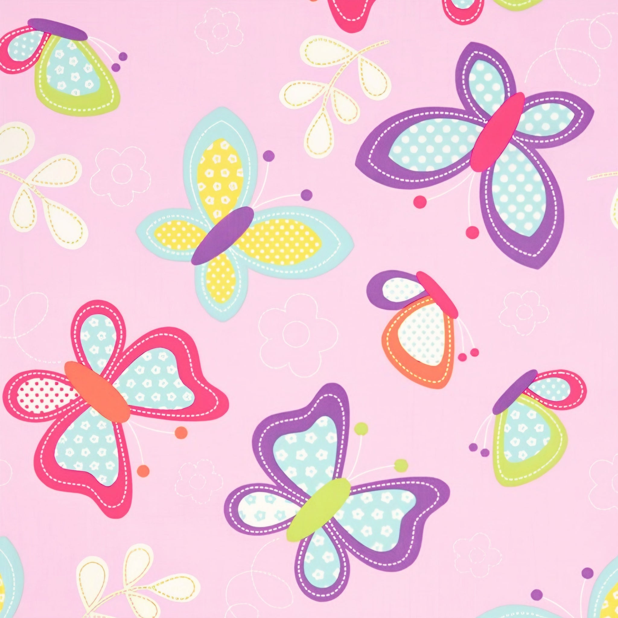 Large butterfly novelty tossed print pink aqua purple yellow fabric for children's quilts girls' quilts and patchwork sewing projects