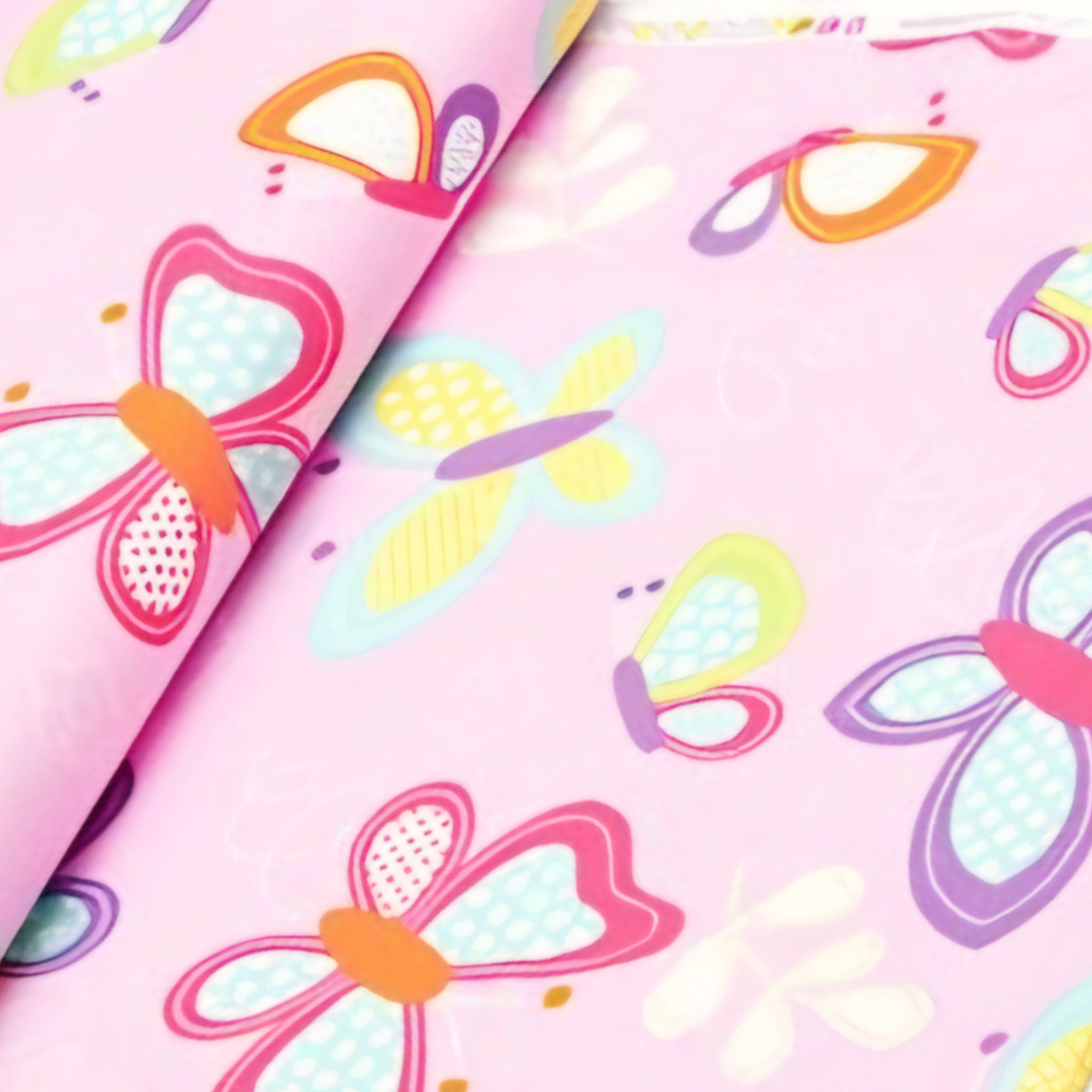 Large butterfly novelty tossed print pink aqua purple yellow fabric for children's quilts girls' quilts and patchwork sewing projects