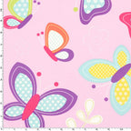 Large butterfly novelty tossed print pink aqua purple yellow fabric for children's quilts girls' quilts and patchwork sewing projects