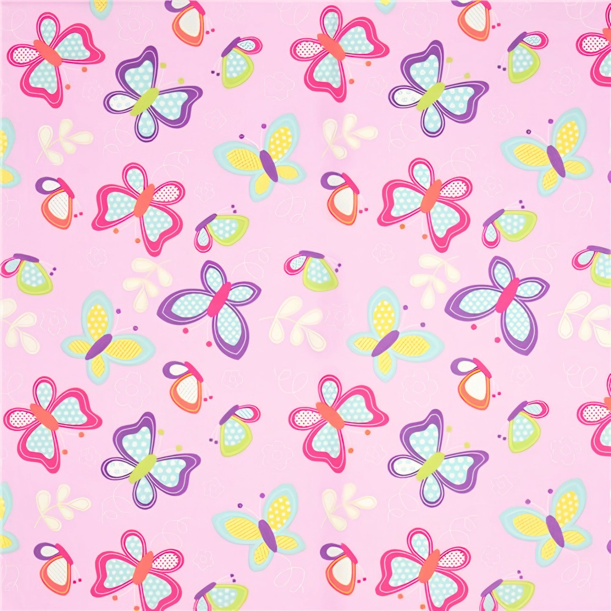 Large butterfly novelty tossed print pink aqua purple yellow fabric for children's quilts girls' quilts and patchwork sewing projects