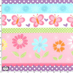 Butterfly flowers border stripe pink purple aqua novelty fabric for children's quilts girls' quilts and patchwork sewing projects