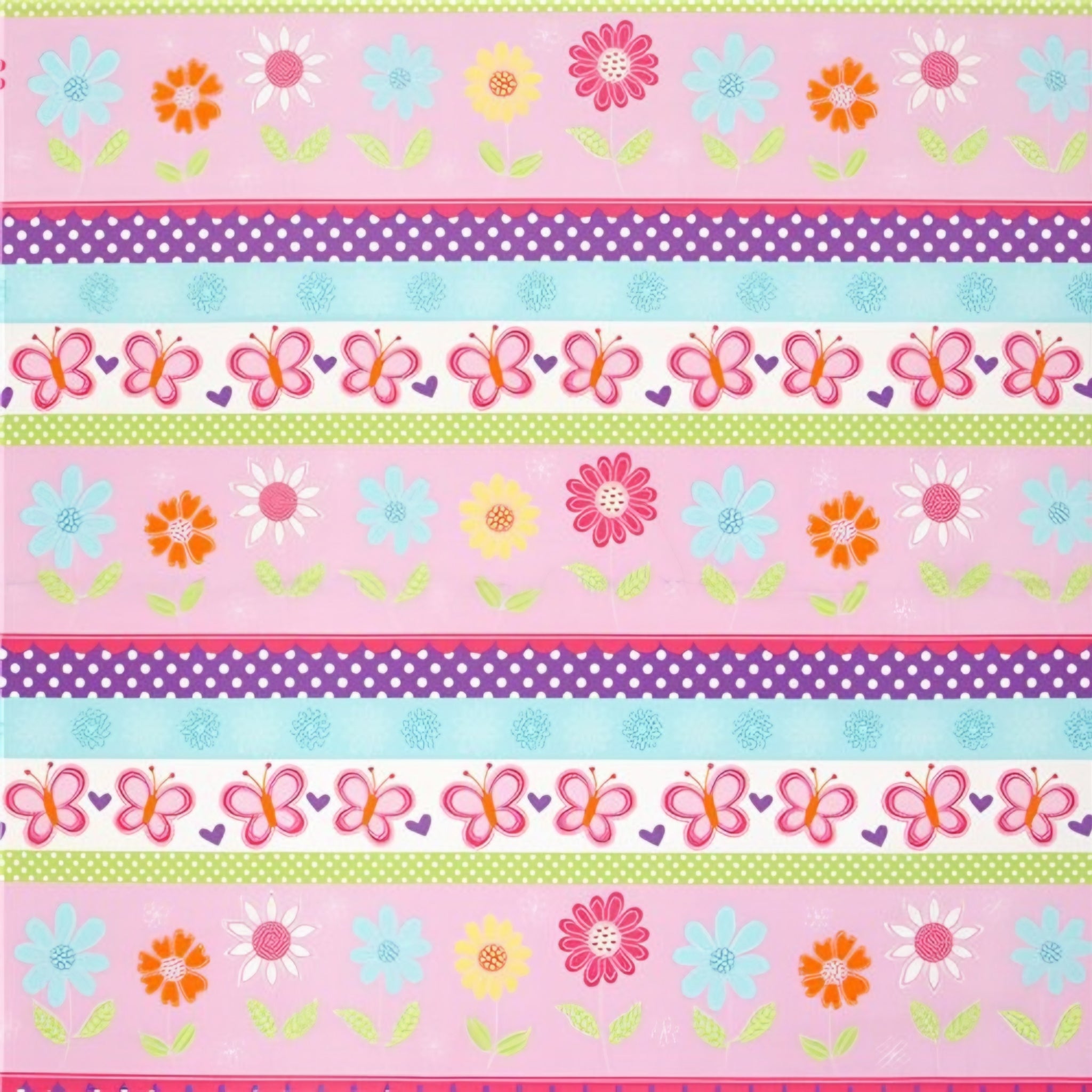 Butterfly flowers border stripe pink purple aqua novelty fabric for children's quilts girls' quilts and patchwork sewing projects