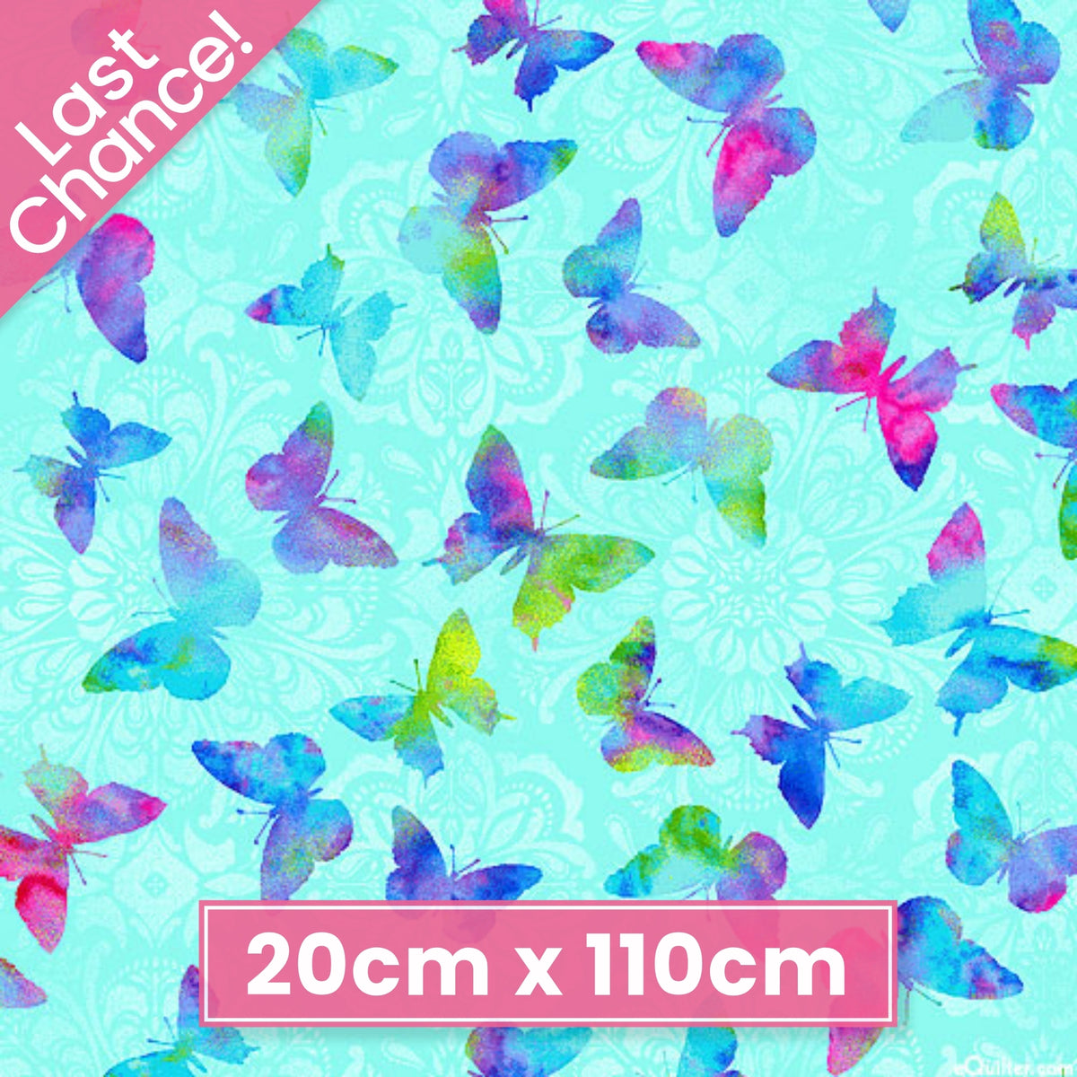 Watercolour butterflies in aqua blue magenta lime green fabric for modern quilts and patchwork sewing projects