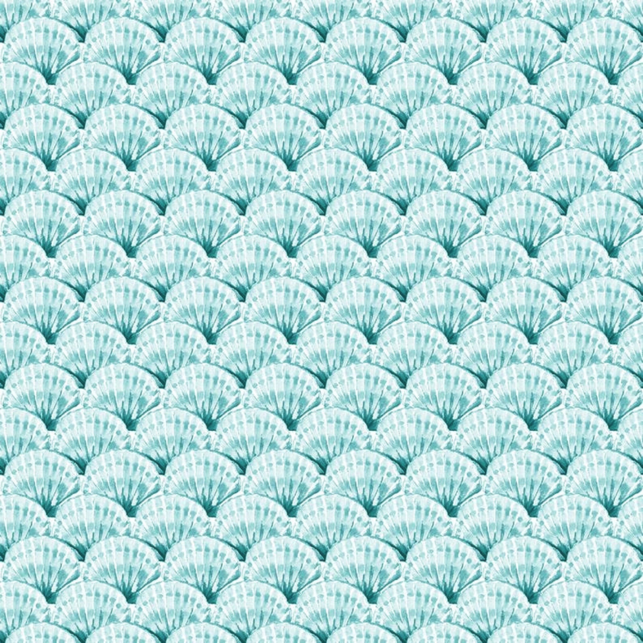 Fan-shaped clam scallop shells aqua white beach quilting fabric coastal ocean projects