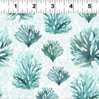 Teal coral reef seaweed fronds pale icy blue beach quilting fabric coastal ocean projects