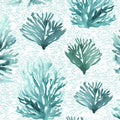Teal coral reef seaweed fronds pale icy blue beach quilting fabric coastal ocean projects