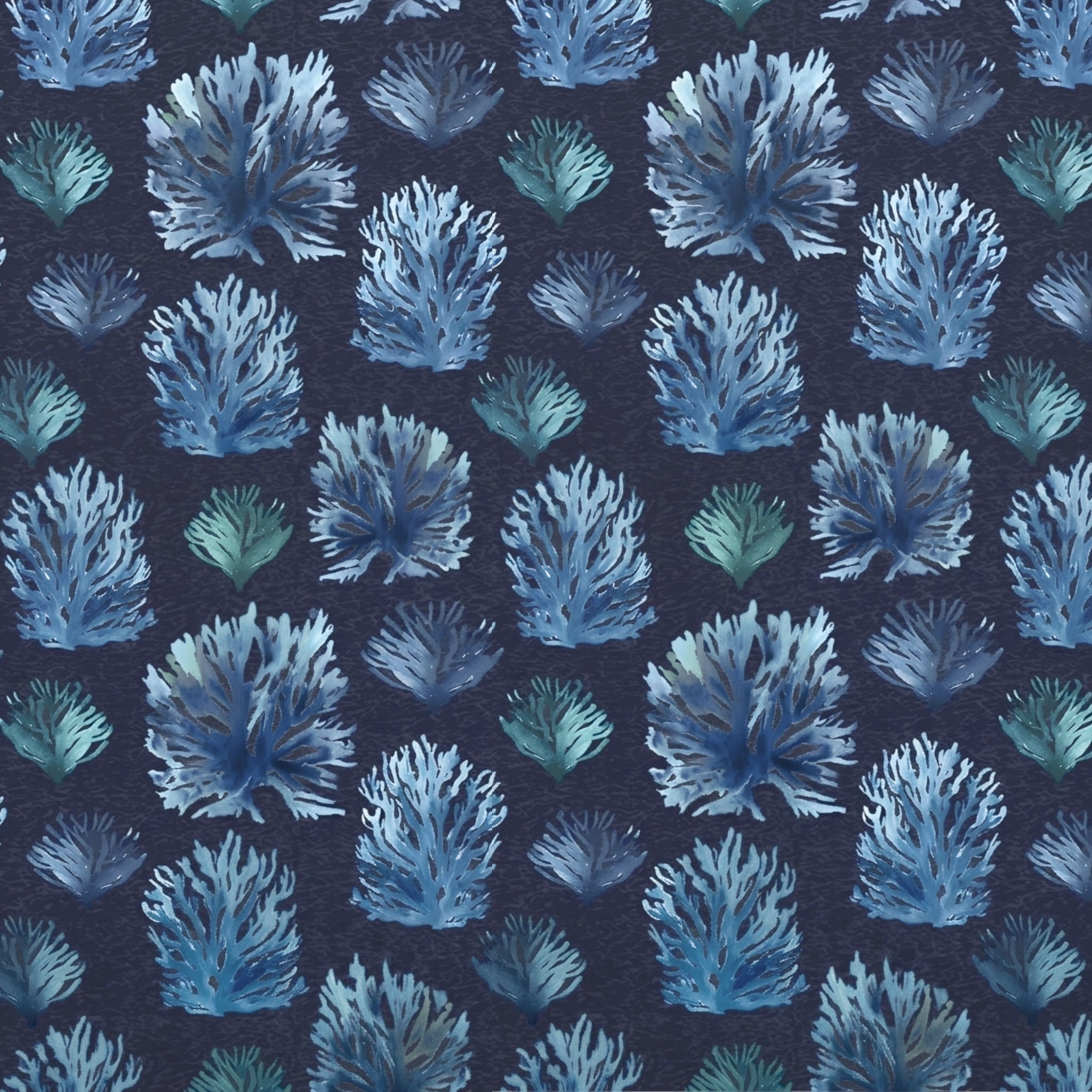 Blue-grey teal coral reef seaweed fronds navy beach quilting fabric coastal ocean projects