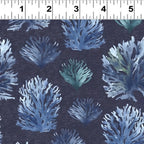Blue-grey teal coral reef seaweed fronds navy beach quilting fabric coastal ocean projects
