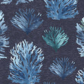 Blue-grey teal coral reef seaweed fronds navy beach quilting fabric coastal ocean projects