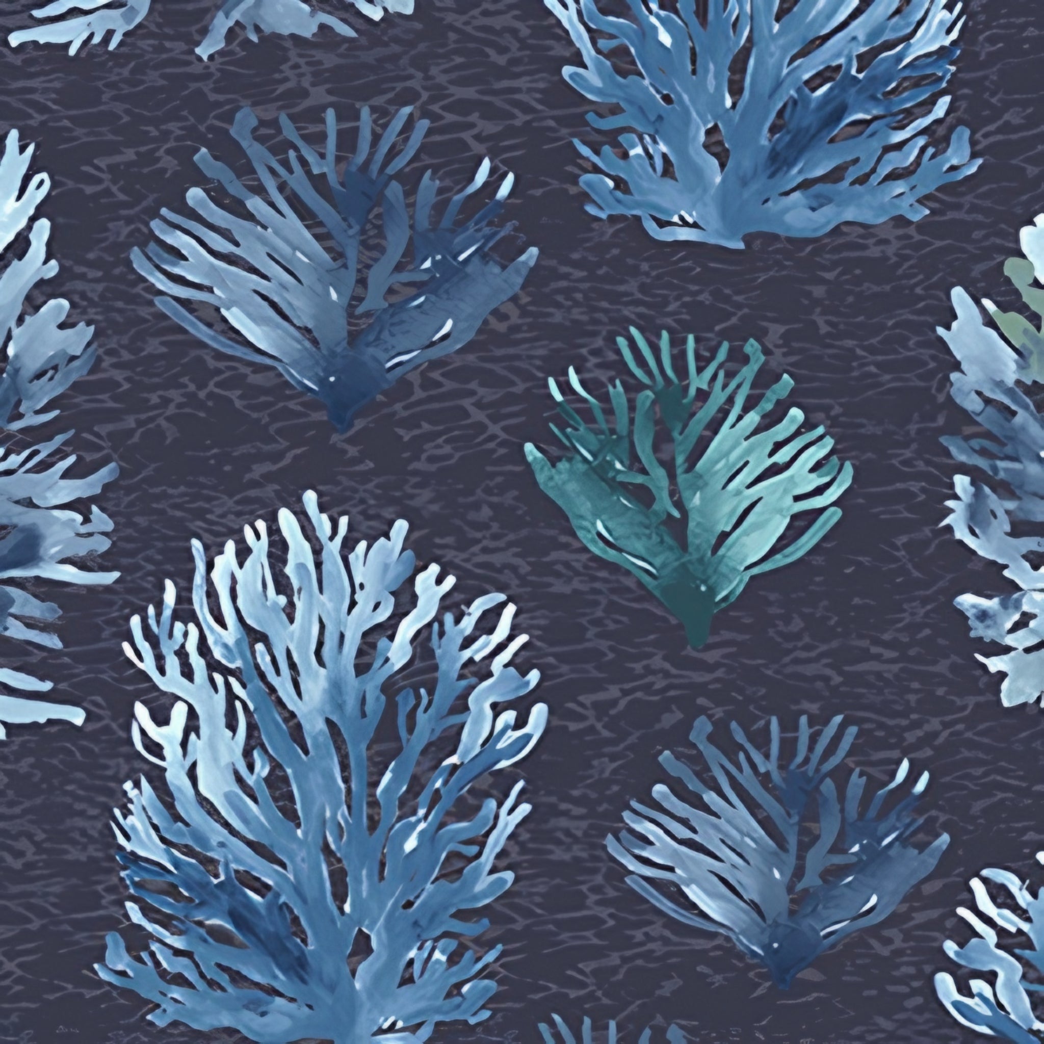 Blue-grey teal coral reef seaweed fronds navy beach quilting fabric coastal ocean projects