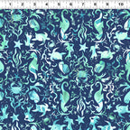 Seahorses sea turtles crabs starfish shells fish aqua mint turquoise navy novelty quilting fabric kids beach boys quilts nautical projects