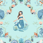 Mermaids seahorses starfish shells herons sandpipers coral damask aqua novelty quilting fabric girls beach quilts coastal projects