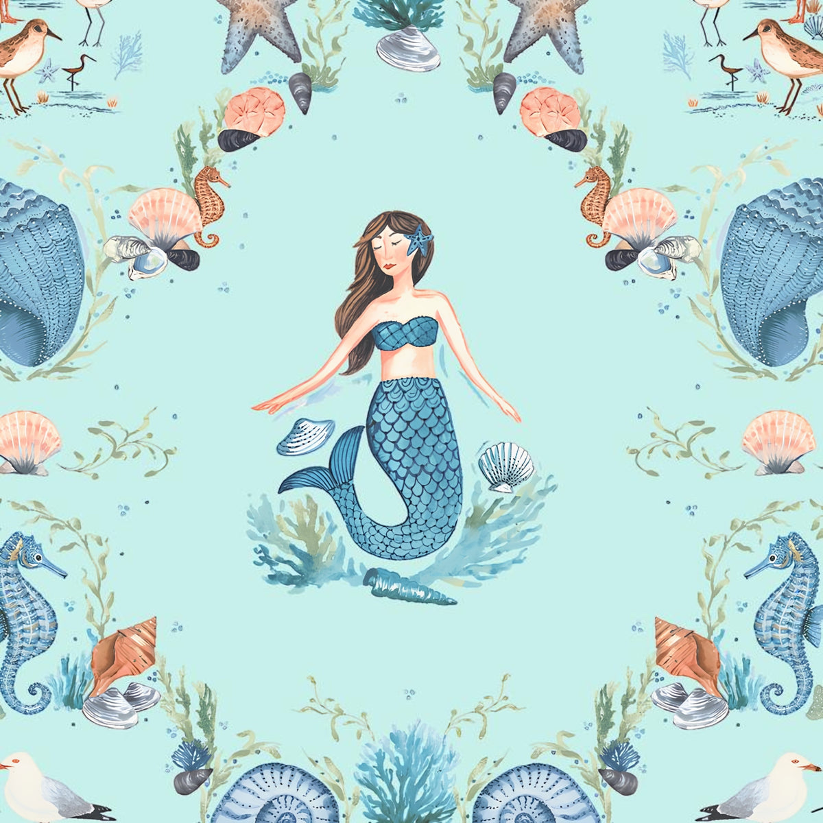 Mermaids seahorses starfish shells herons sandpipers coral damask aqua novelty quilting fabric girls beach quilts coastal projects