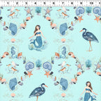 Mermaids seahorses starfish shells herons sandpipers coral damask aqua novelty quilting fabric girls beach quilts coastal projects
