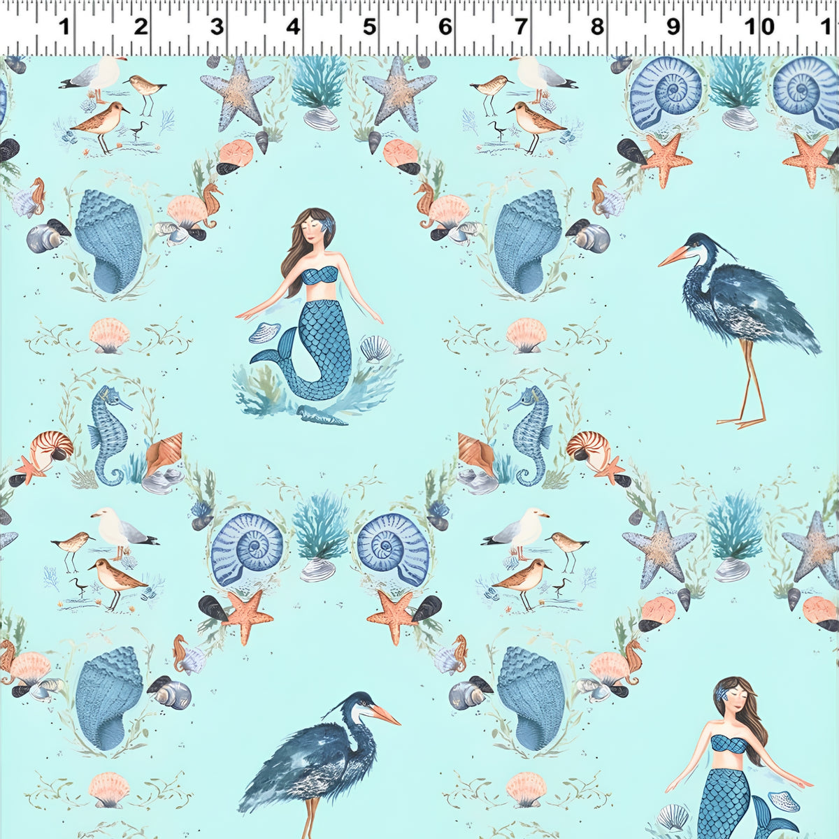 Mermaids seahorses starfish shells herons sandpipers coral damask aqua novelty quilting fabric girls beach quilts coastal projects