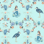 Mermaids seahorses starfish shells herons sandpipers coral damask aqua novelty quilting fabric girls beach quilts coastal projects