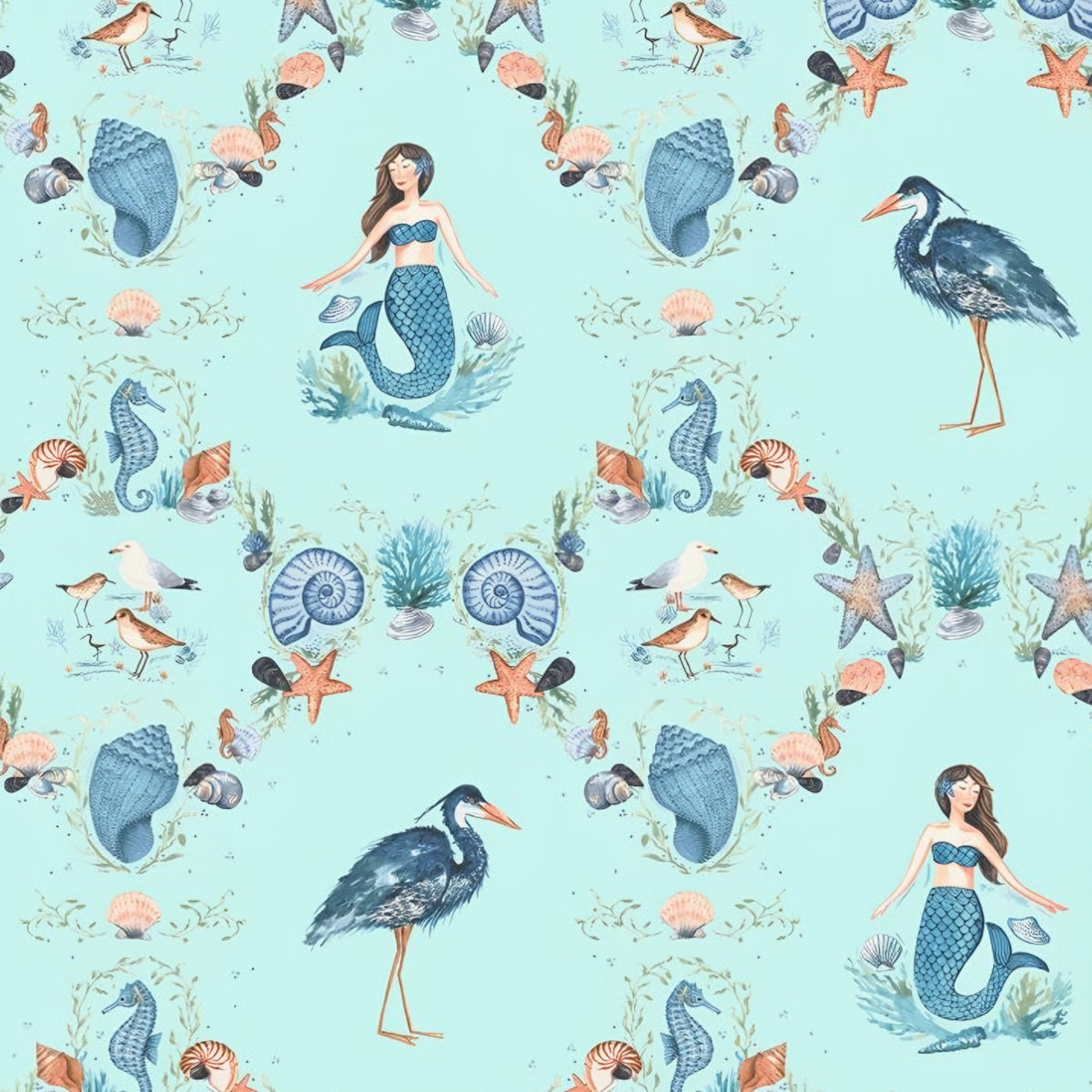 Mermaids seahorses starfish shells herons sandpipers coral damask aqua novelty quilting fabric girls beach quilts coastal projects