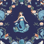 Mermaids seahorses starfish shells herons sandpipers coral damask navy novelty quilting fabric girls beach quilts coastal projects