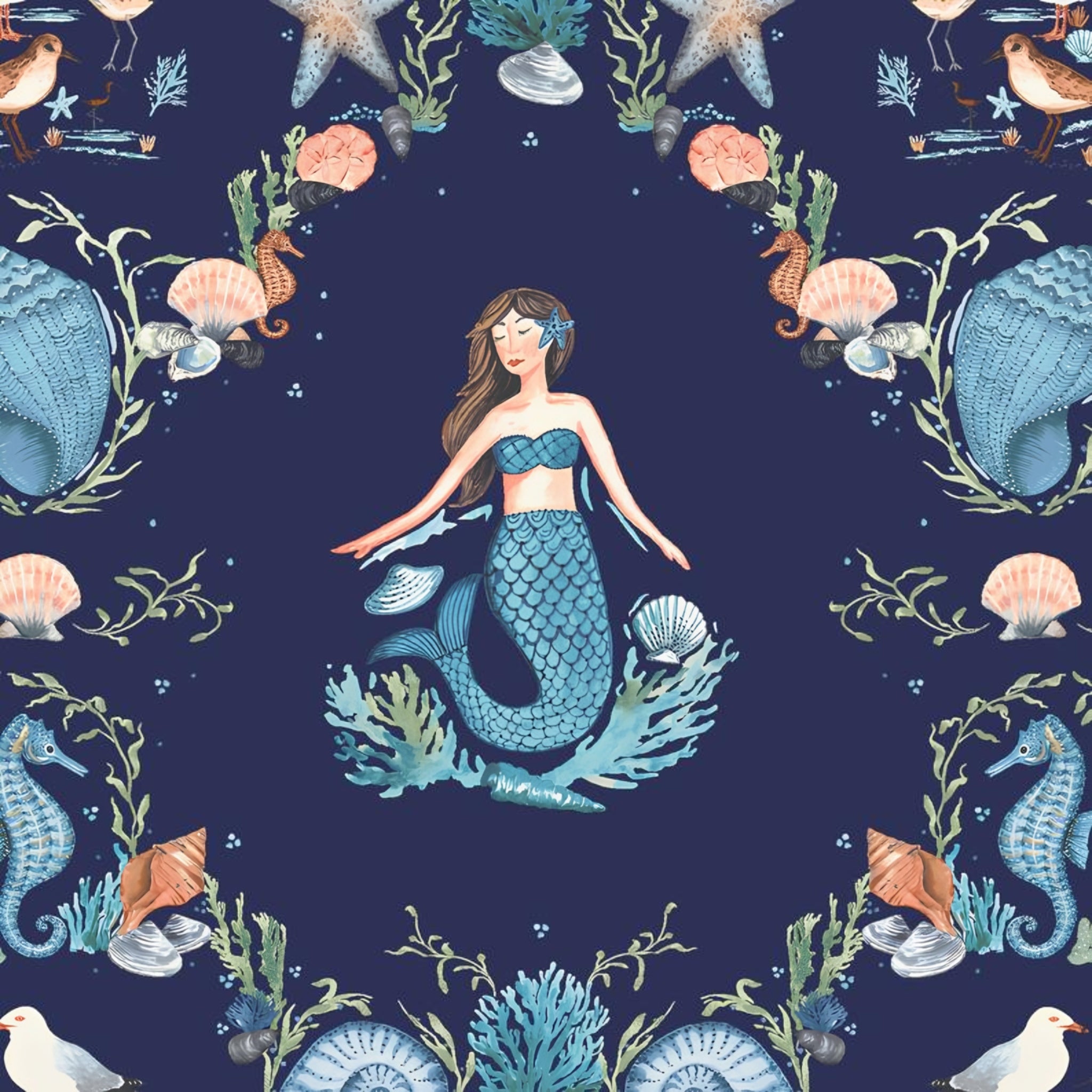 Mermaids seahorses starfish shells herons sandpipers coral damask navy novelty quilting fabric girls beach quilts coastal projects