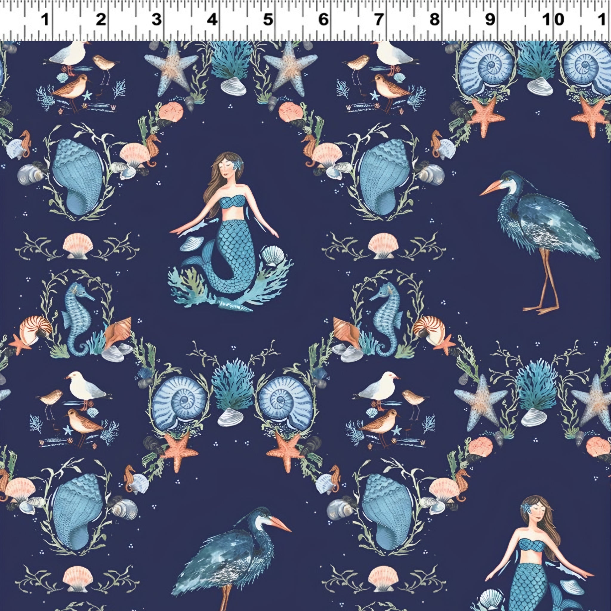 Mermaids seahorses starfish shells herons sandpipers coral damask navy novelty quilting fabric girls beach quilts coastal projects