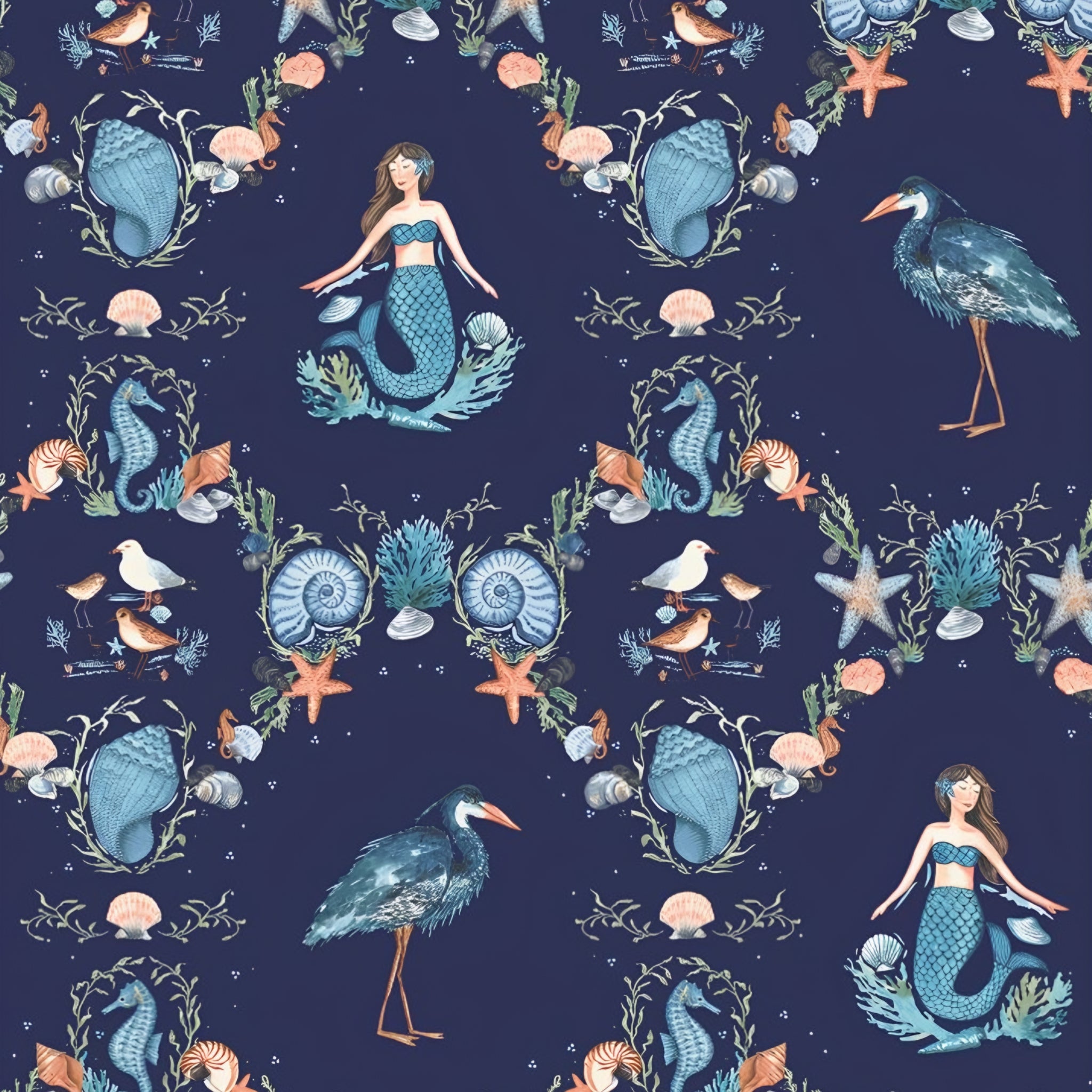 Mermaids seahorses starfish shells herons sandpipers coral damask navy novelty quilting fabric girls beach quilts coastal projects
