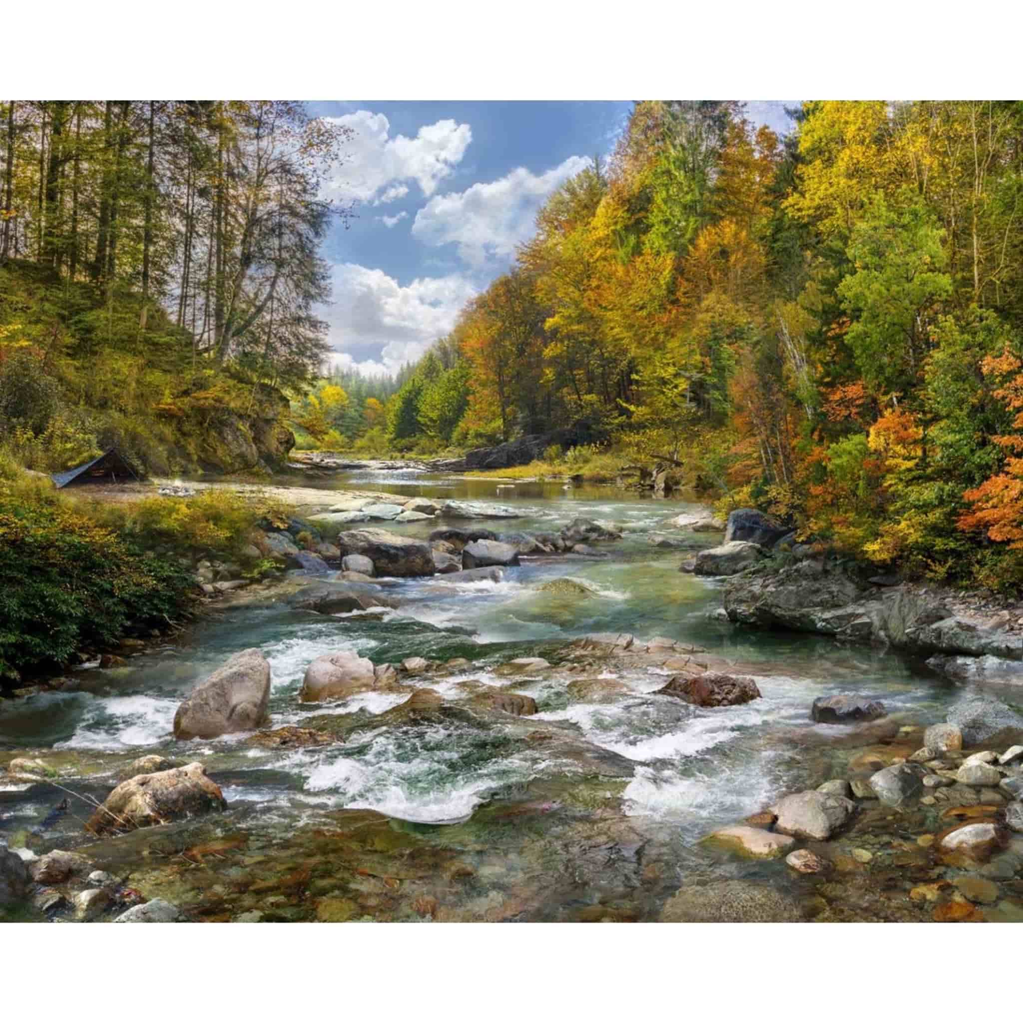 Call of the Wild nature landscape fabric panel digital print autumn trees river water blue sky cotton quilting Hoffman