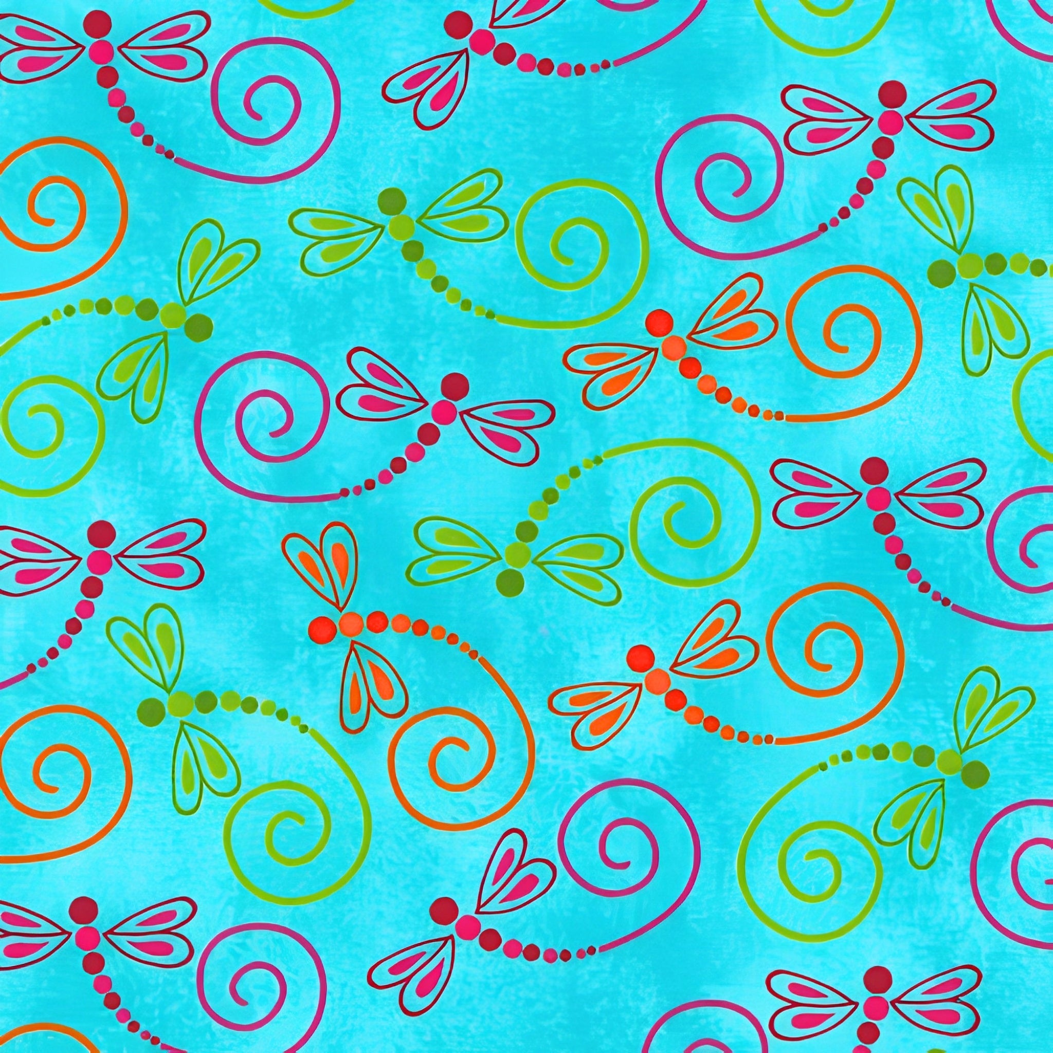 Novelty dragonfly swirl turquoise fabric pink green orange purple for nature quilts children's projects and garden gifts
