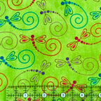 Novelty dragonfly swirl lime green fabric red orange teal pink purple for nature quilts children's projects and garden gifts
