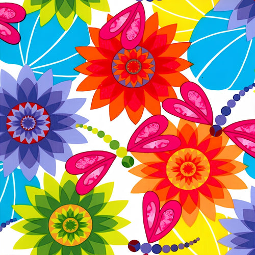 Novelty dragonfly floral white fabric orange lime green purple teal pink for feature quilts nature projects and garden gifts