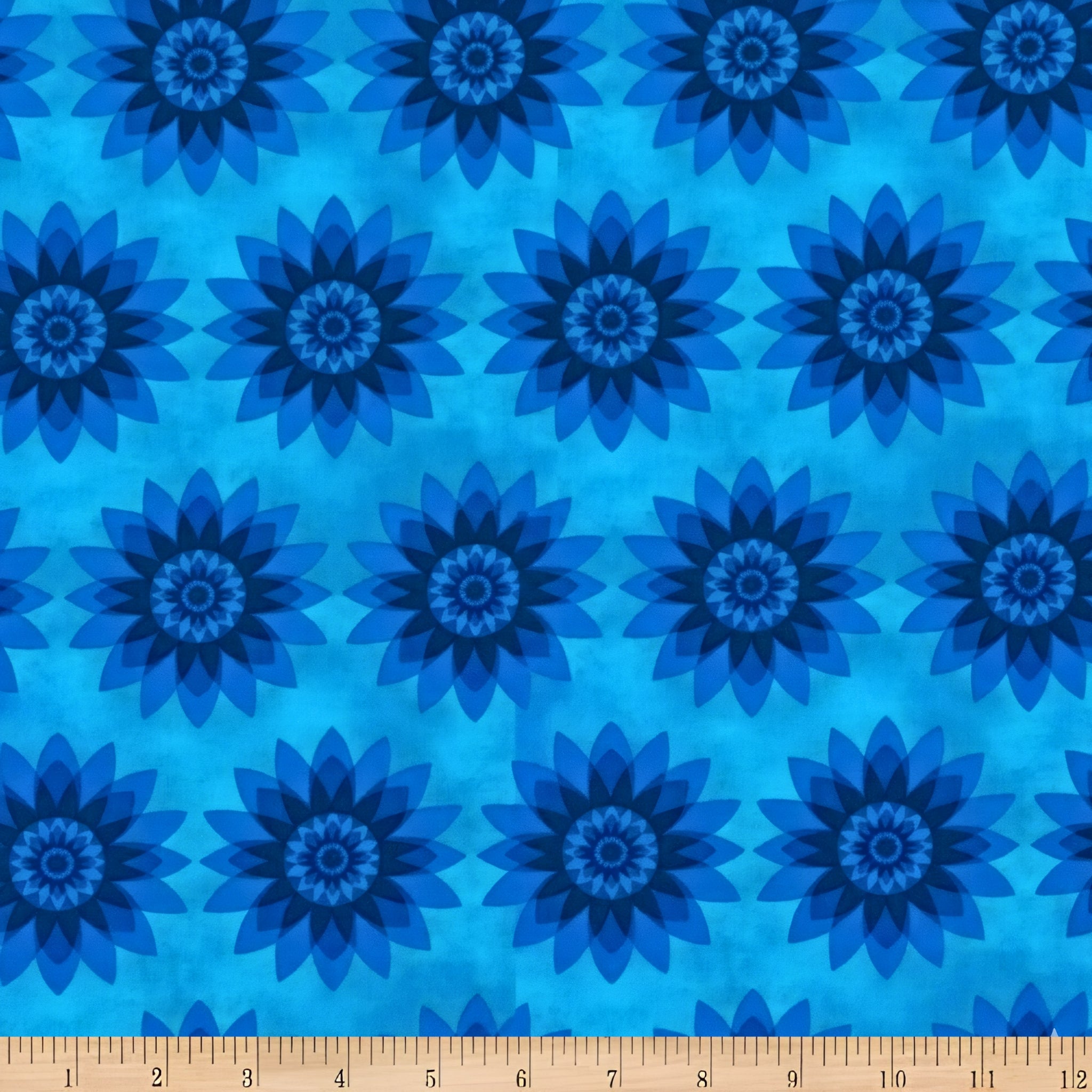 Tonal blue floral quilting fabric mandala flowers turquoise for bright quilts sashing and blue teal colour scheme patchwork