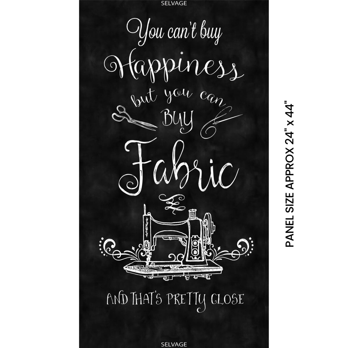 Can't buy happiness but you can buy fabric and that's pretty close quote panel black white chalk style vintage sewing machine novelty sewing fabric wall hanging quilt centrepiece fussy cut