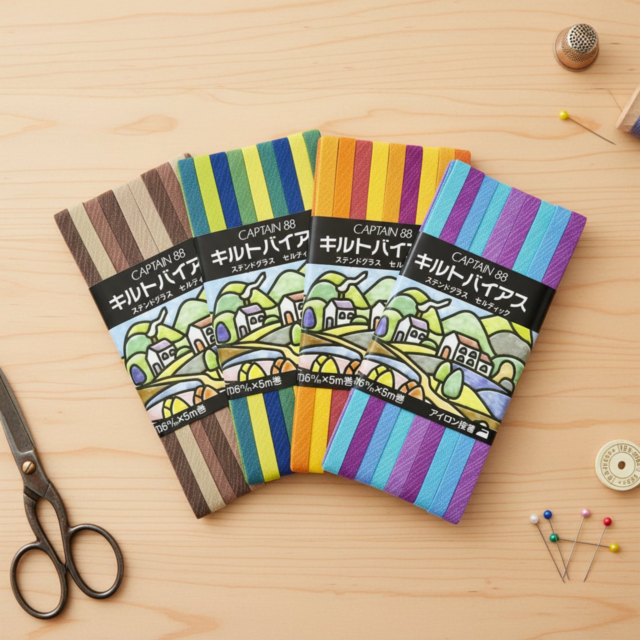 Captain 88 iron-on bias tape four colourways brown sand green leaf orange pink purple teal quilting sewing notions
