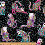 Black fabric with large pink, purple, and teal paisley-patterned cats and gold metallic accents